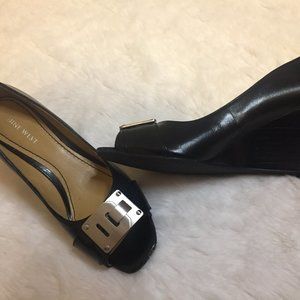 Leather Peep Toe Wedges, Black with Silver Buckle